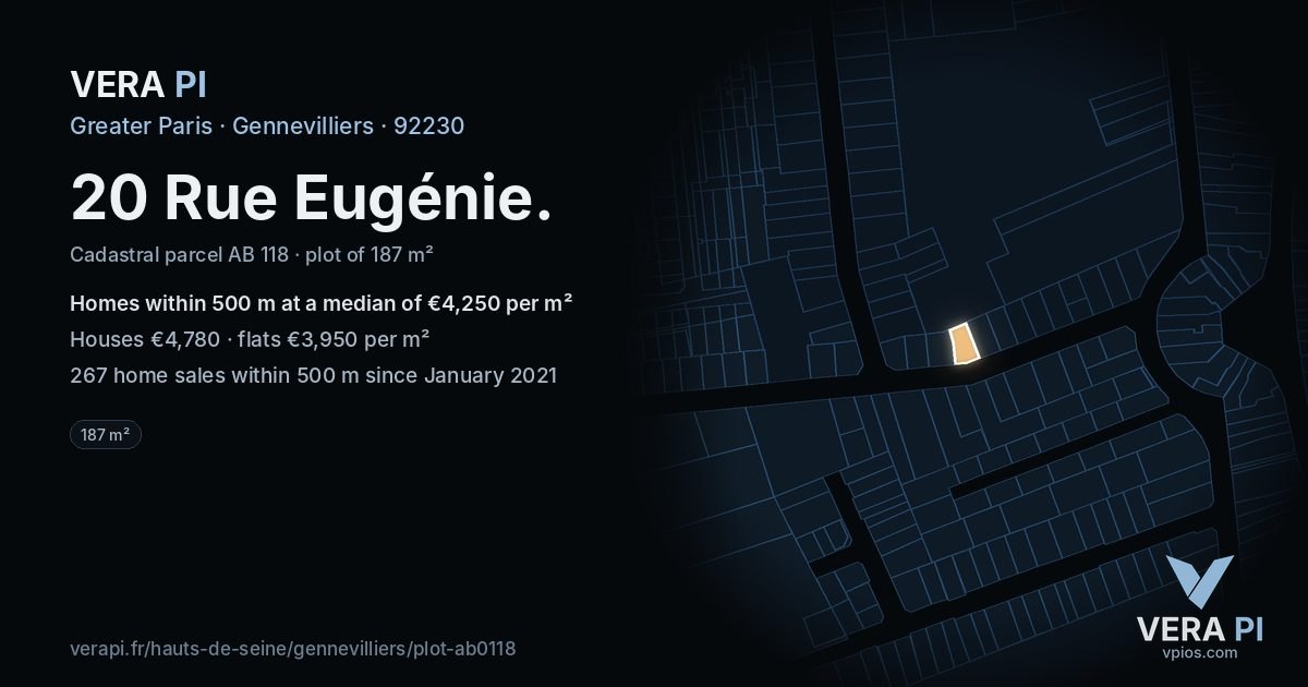 20 Rue Eugénie, Gennevilliers at night – the plot lit, the parcels around coloured by the prices near them