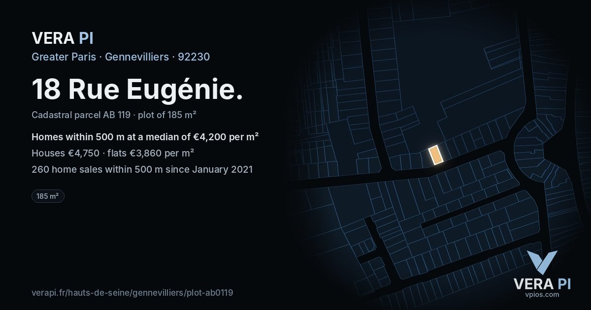 18 Rue Eugénie, Gennevilliers at night – the plot lit, the parcels around coloured by the prices near them