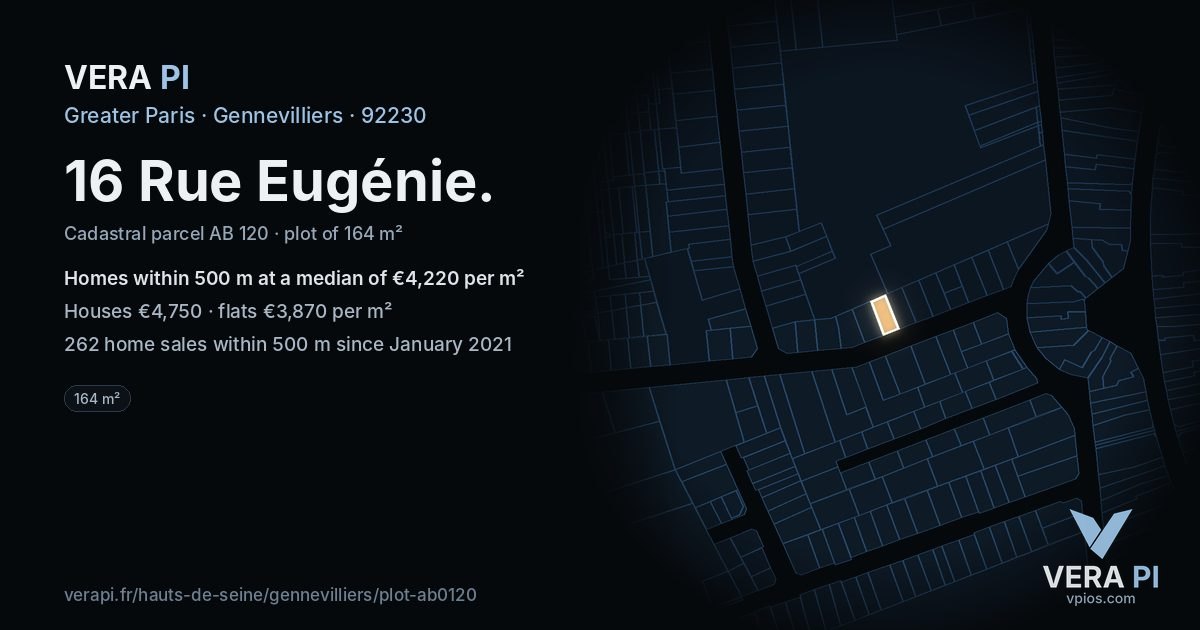 16 Rue Eugénie, Gennevilliers at night – the plot lit, the parcels around coloured by the prices near them