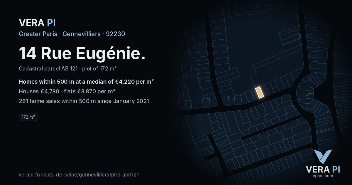14 Rue Eugénie, Gennevilliers at night – the plot lit, the parcels around coloured by the prices near them