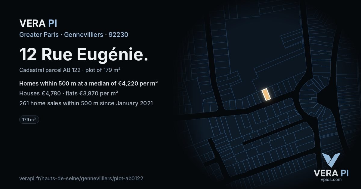 12 Rue Eugénie, Gennevilliers at night – the plot lit, the parcels around coloured by the prices near them