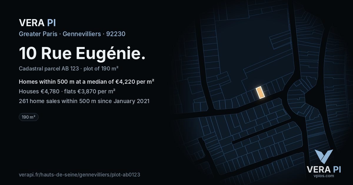 10 Rue Eugénie, Gennevilliers at night – the plot lit, the parcels around coloured by the prices near them