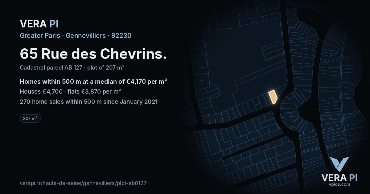 65 Rue des Chevrins, Gennevilliers at night – the plot lit, the parcels around coloured by the prices near them