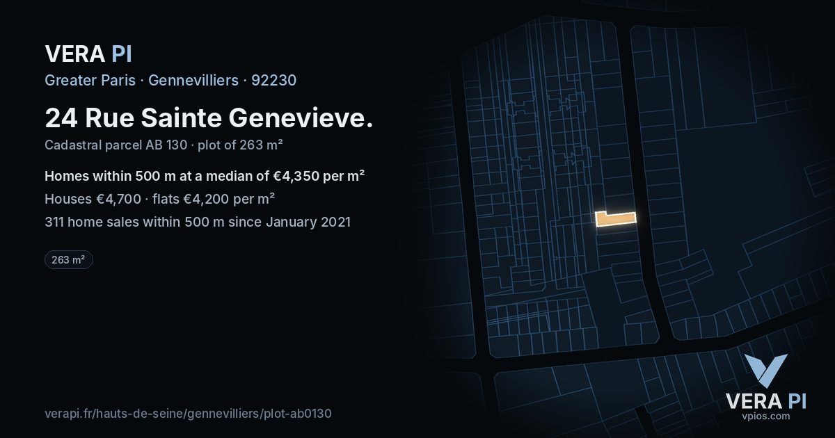24 Rue Sainte Genevieve, Gennevilliers at night – the plot lit, the parcels around coloured by the prices near them