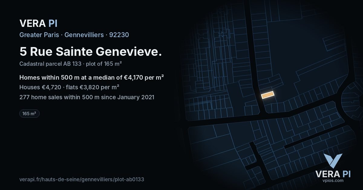 5 Rue Sainte Genevieve, Gennevilliers at night – the plot lit, the parcels around coloured by the prices near them