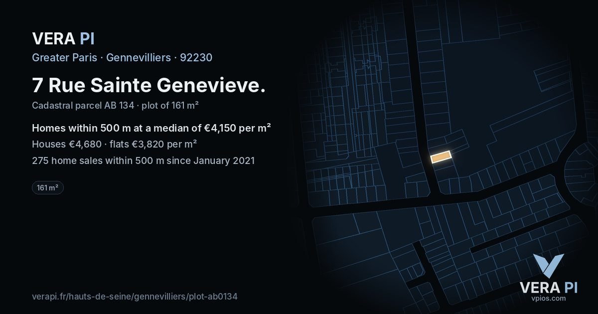 7 Rue Sainte Genevieve, Gennevilliers at night – the plot lit, the parcels around coloured by the prices near them