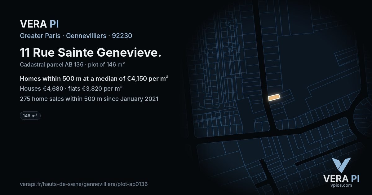 11 Rue Sainte Genevieve, Gennevilliers at night – the plot lit, the parcels around coloured by the prices near them