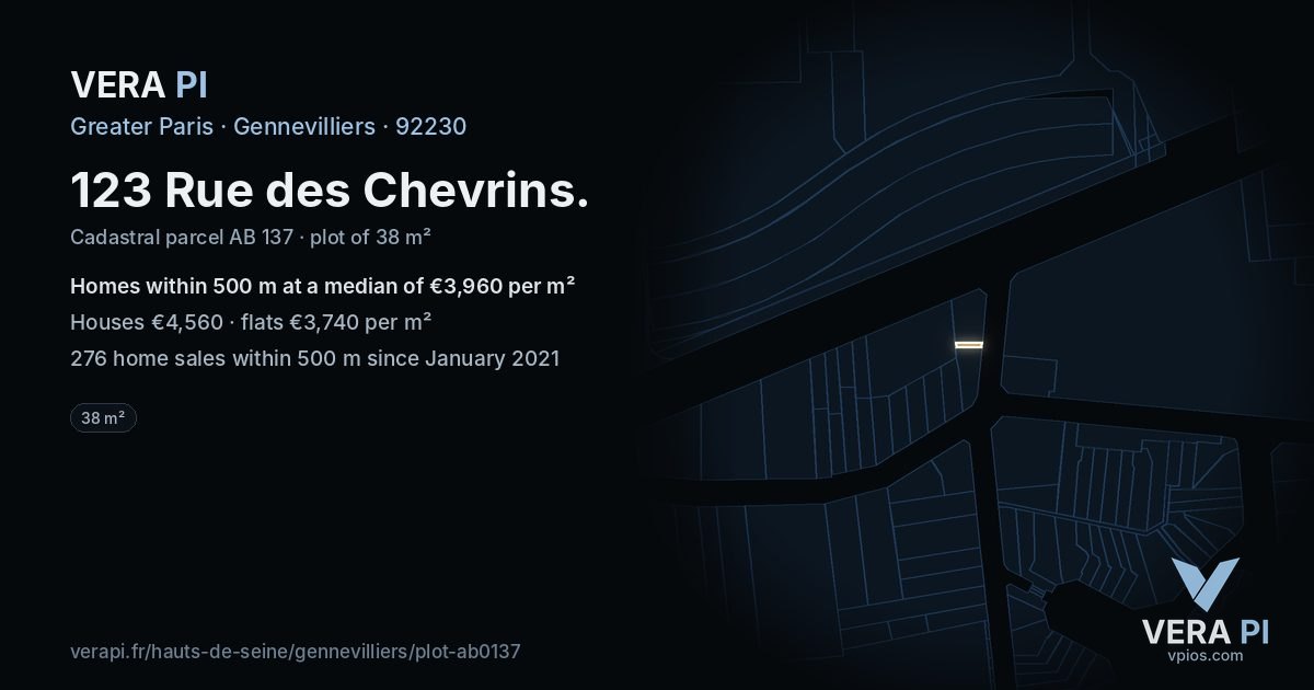 123 Rue des Chevrins, Gennevilliers at night – the plot lit, the parcels around coloured by the prices near them