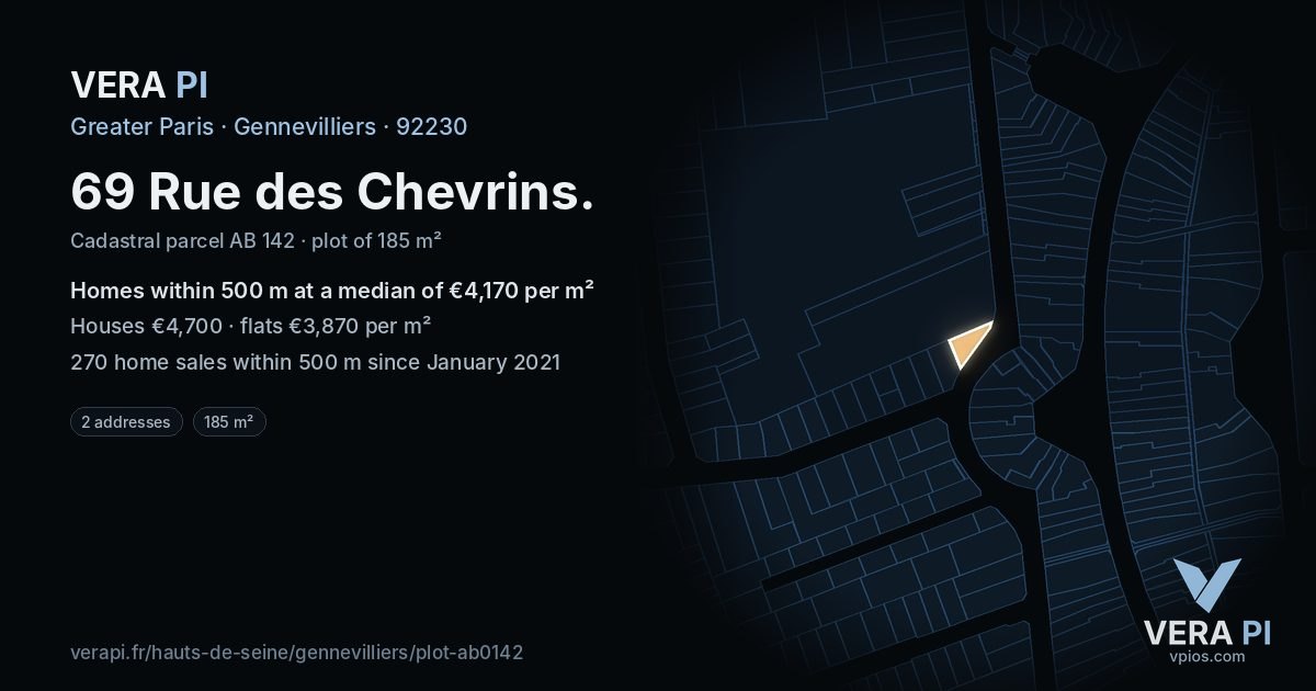 69 Rue des Chevrins, Gennevilliers at night – the plot lit, the parcels around coloured by the prices near them