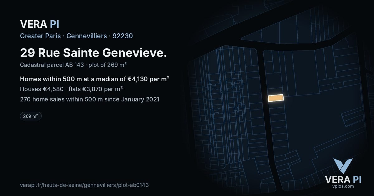 29 Rue Sainte Genevieve, Gennevilliers at night – the plot lit, the parcels around coloured by the prices near them