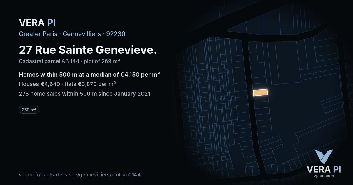27 Rue Sainte Genevieve, Gennevilliers at night – the plot lit, the parcels around coloured by the prices near them
