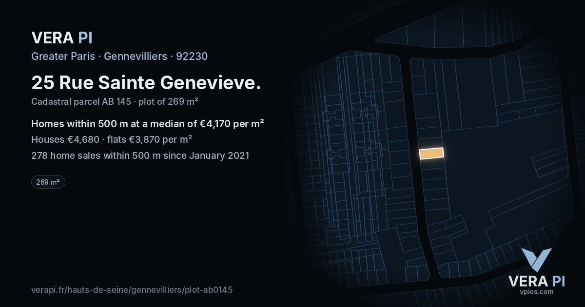 25 Rue Sainte Genevieve, Gennevilliers at night – the plot lit, the parcels around coloured by the prices near them