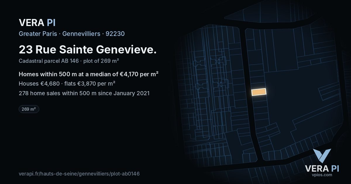 23 Rue Sainte Genevieve, Gennevilliers at night – the plot lit, the parcels around coloured by the prices near them