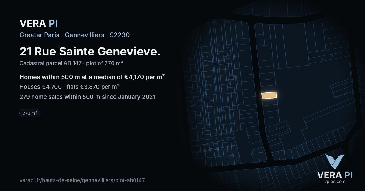 21 Rue Sainte Genevieve, Gennevilliers at night – the plot lit, the parcels around coloured by the prices near them