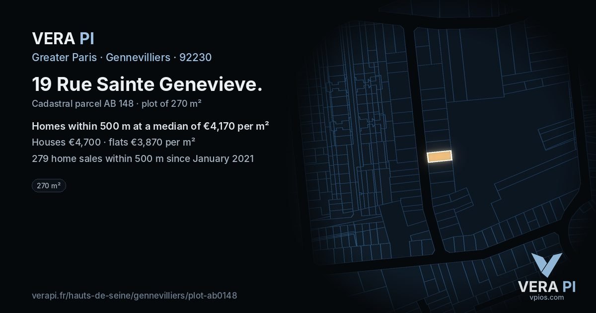 19 Rue Sainte Genevieve, Gennevilliers at night – the plot lit, the parcels around coloured by the prices near them