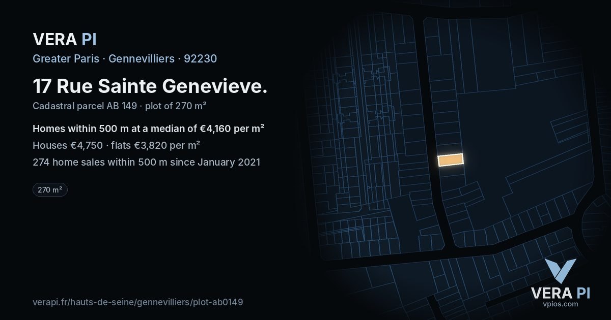 17 Rue Sainte Genevieve, Gennevilliers at night – the plot lit, the parcels around coloured by the prices near them