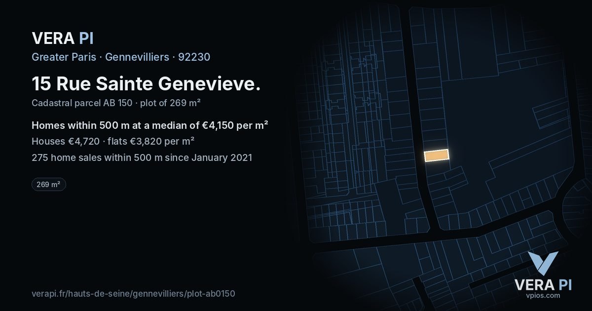 15 Rue Sainte Genevieve, Gennevilliers at night – the plot lit, the parcels around coloured by the prices near them
