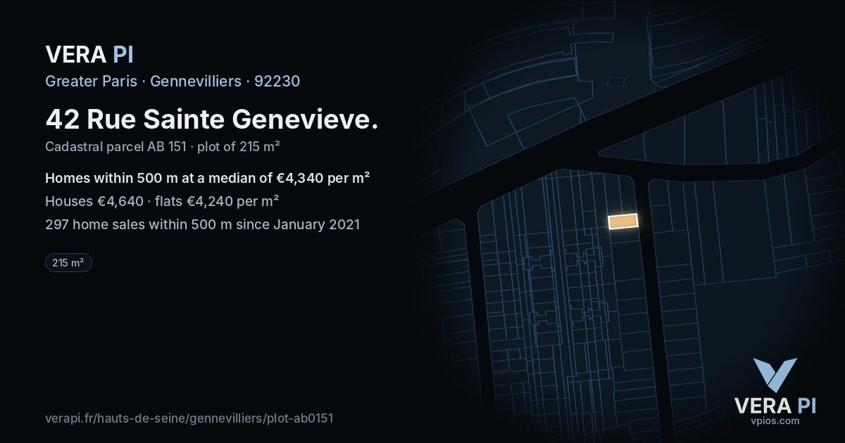 42 Rue Sainte Genevieve, Gennevilliers at night – the plot lit, the parcels around coloured by the prices near them