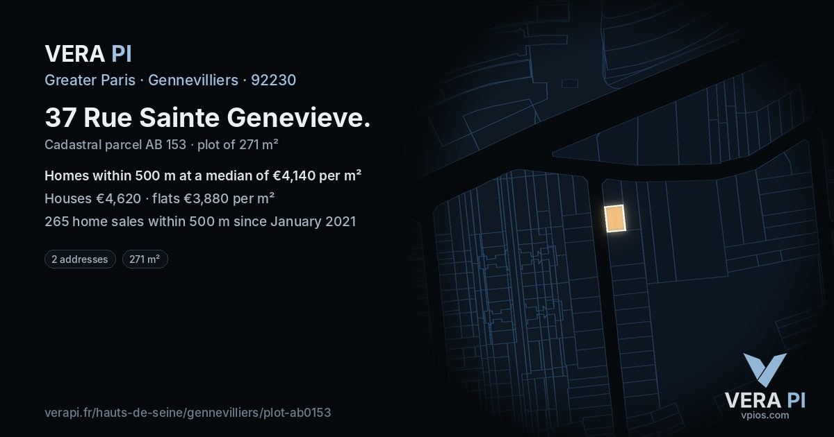 37 Rue Sainte Genevieve, Gennevilliers at night – the plot lit, the parcels around coloured by the prices near them
