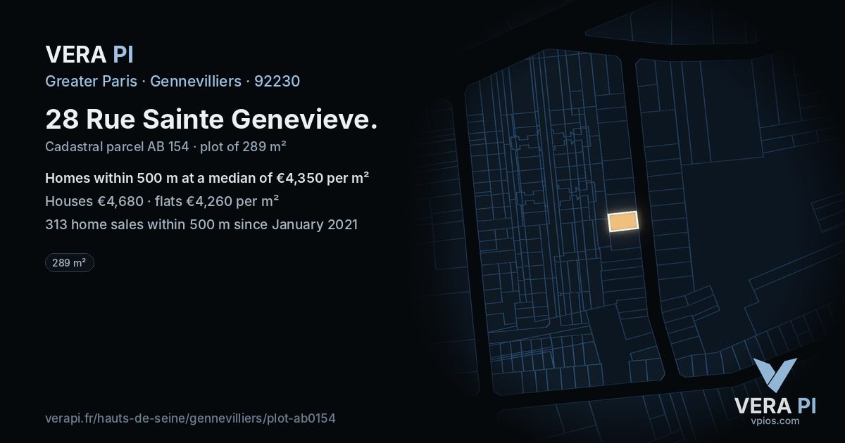 28 Rue Sainte Genevieve, Gennevilliers at night – the plot lit, the parcels around coloured by the prices near them