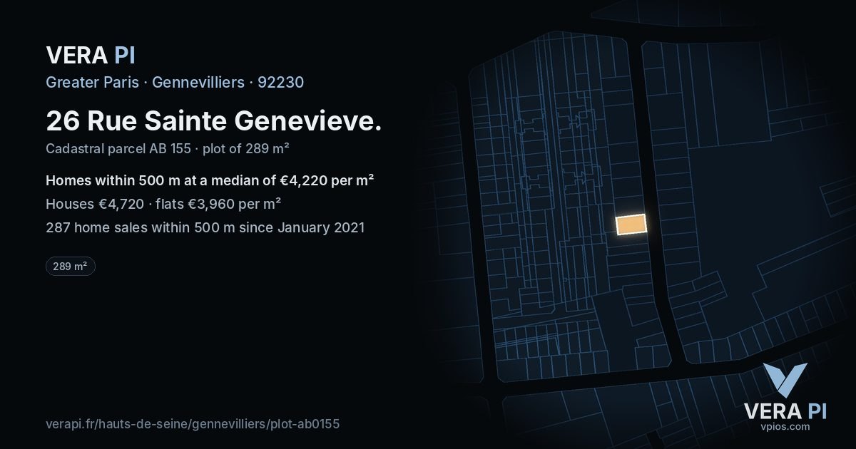 26 Rue Sainte Genevieve, Gennevilliers at night – the plot lit, the parcels around coloured by the prices near them