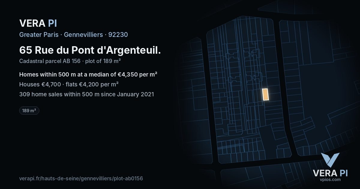 65 Rue du Pont d'Argenteuil, Gennevilliers at night – the plot lit, the parcels around coloured by the prices near them