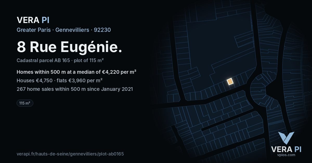 8 Rue Eugénie, Gennevilliers at night – the plot lit, the parcels around coloured by the prices near them
