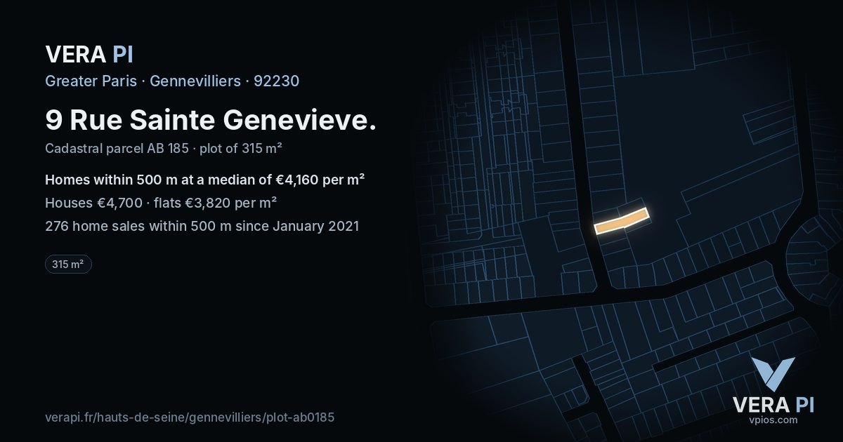 9 Rue Sainte Genevieve, Gennevilliers at night – the plot lit, the parcels around coloured by the prices near them