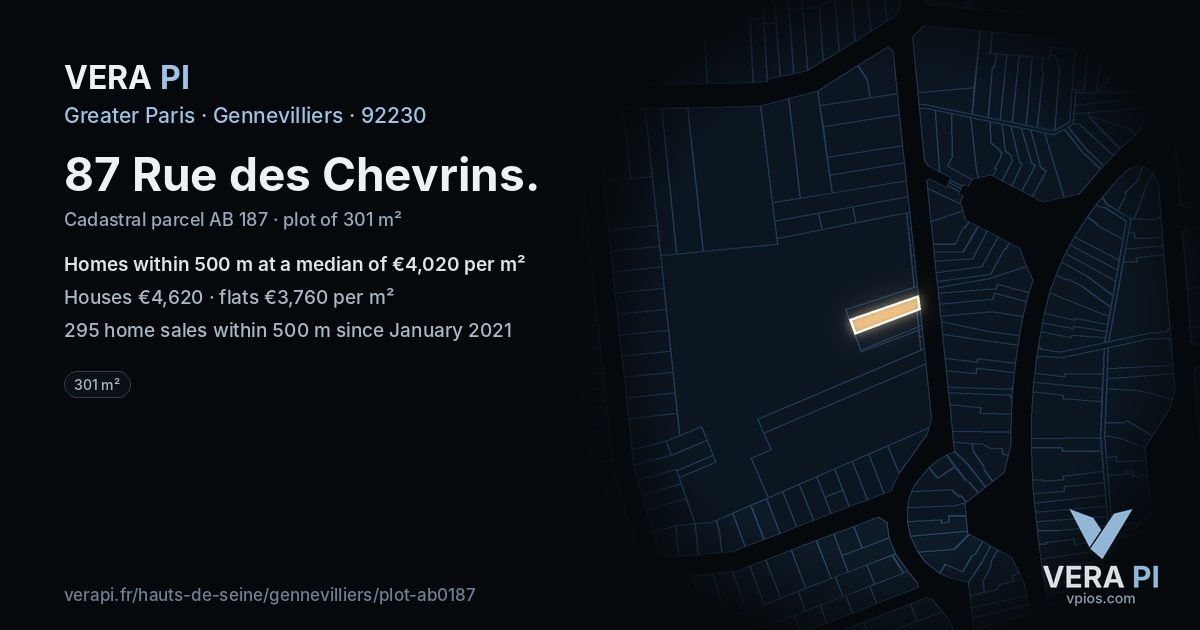 87 Rue des Chevrins, Gennevilliers at night – the plot lit, the parcels around coloured by the prices near them