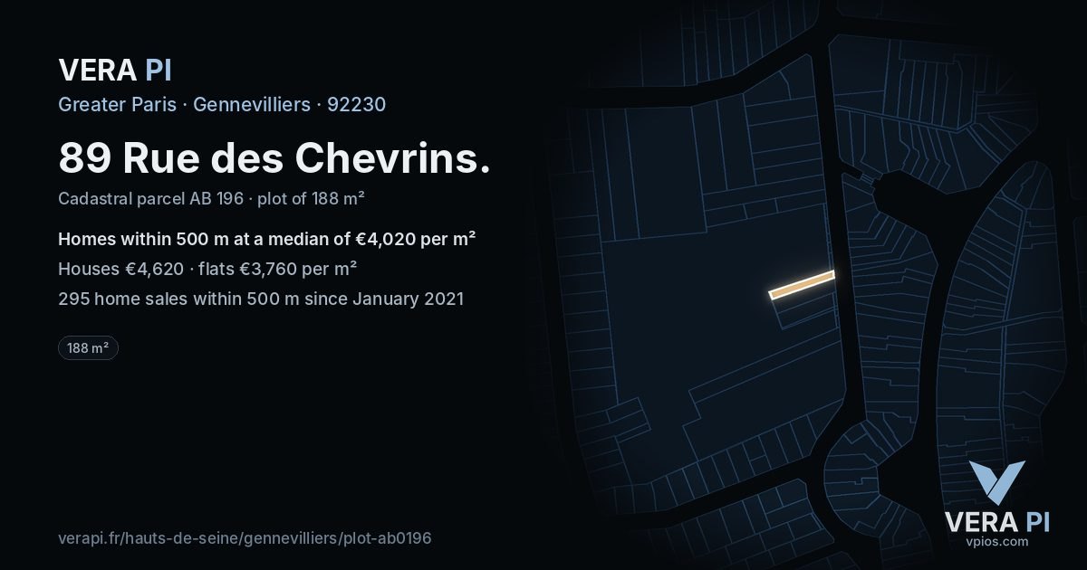 89 Rue des Chevrins, Gennevilliers at night – the plot lit, the parcels around coloured by the prices near them