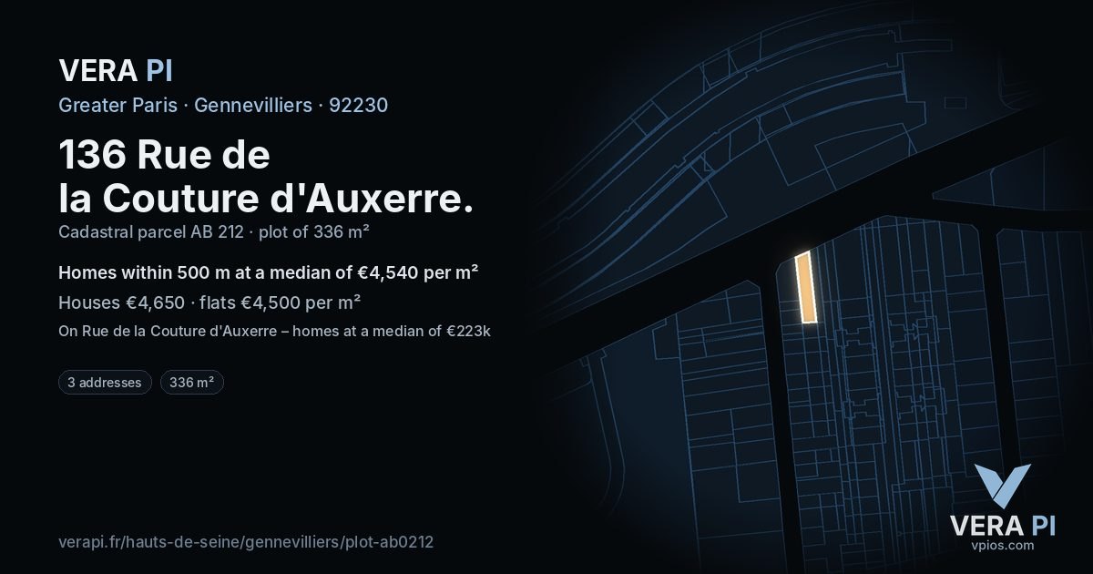 136 Rue de la Couture d'Auxerre, Gennevilliers at night – the plot lit, the parcels around coloured by the prices near them