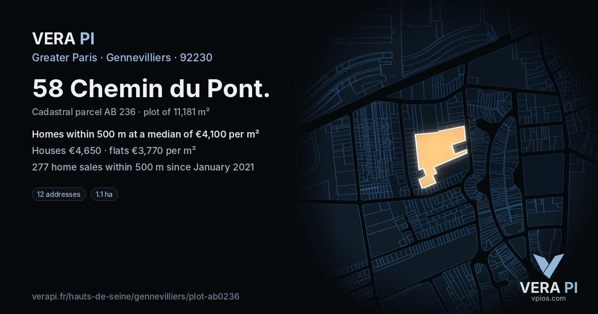 58 Chemin du Pont, Gennevilliers at night – the plot lit, the parcels around coloured by the prices near them