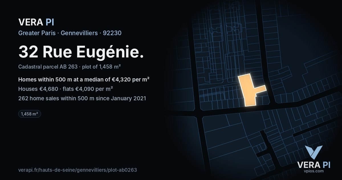 32 Rue Eugénie, Gennevilliers at night – the plot lit, the parcels around coloured by the prices near them