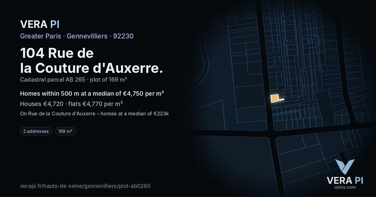 104 Rue de la Couture d'Auxerre, Gennevilliers at night – the plot lit, the parcels around coloured by the prices near them