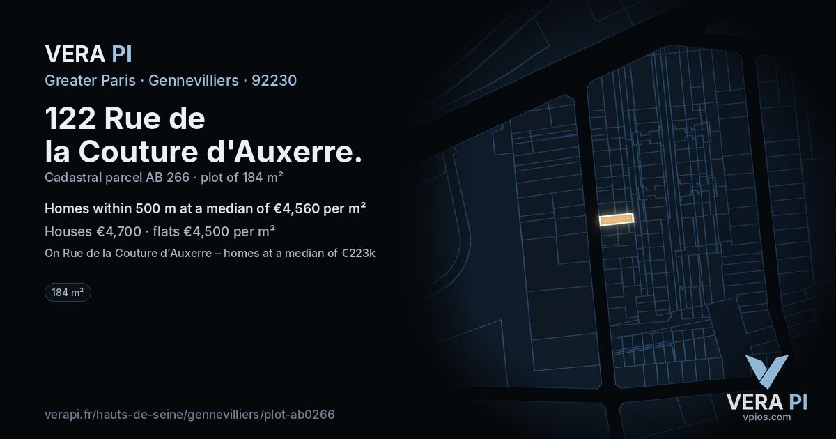 122 Rue de la Couture d'Auxerre, Gennevilliers at night – the plot lit, the parcels around coloured by the prices near them