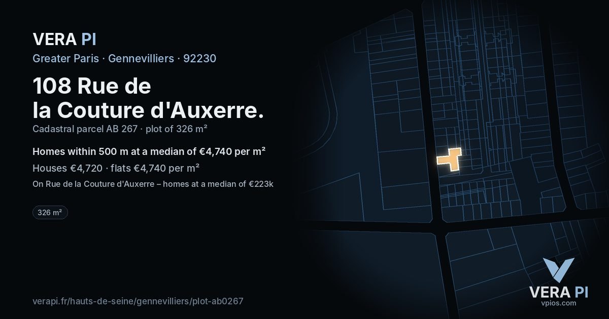 108 Rue de la Couture d'Auxerre, Gennevilliers at night – the plot lit, the parcels around coloured by the prices near them