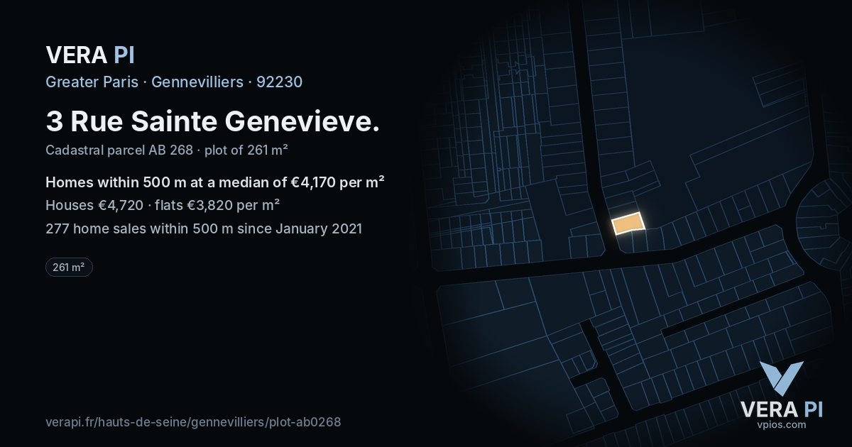 3 Rue Sainte Genevieve, Gennevilliers at night – the plot lit, the parcels around coloured by the prices near them