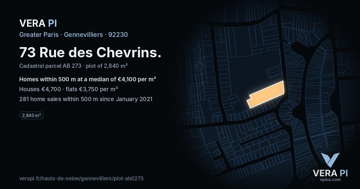 73 Rue des Chevrins, Gennevilliers at night – the plot lit, the parcels around coloured by the prices near them