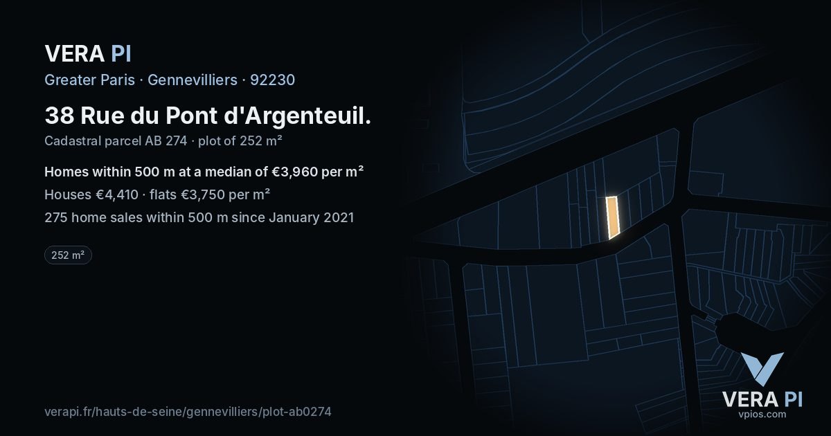 38 Rue du Pont d'Argenteuil, Gennevilliers at night – the plot lit, the parcels around coloured by the prices near them