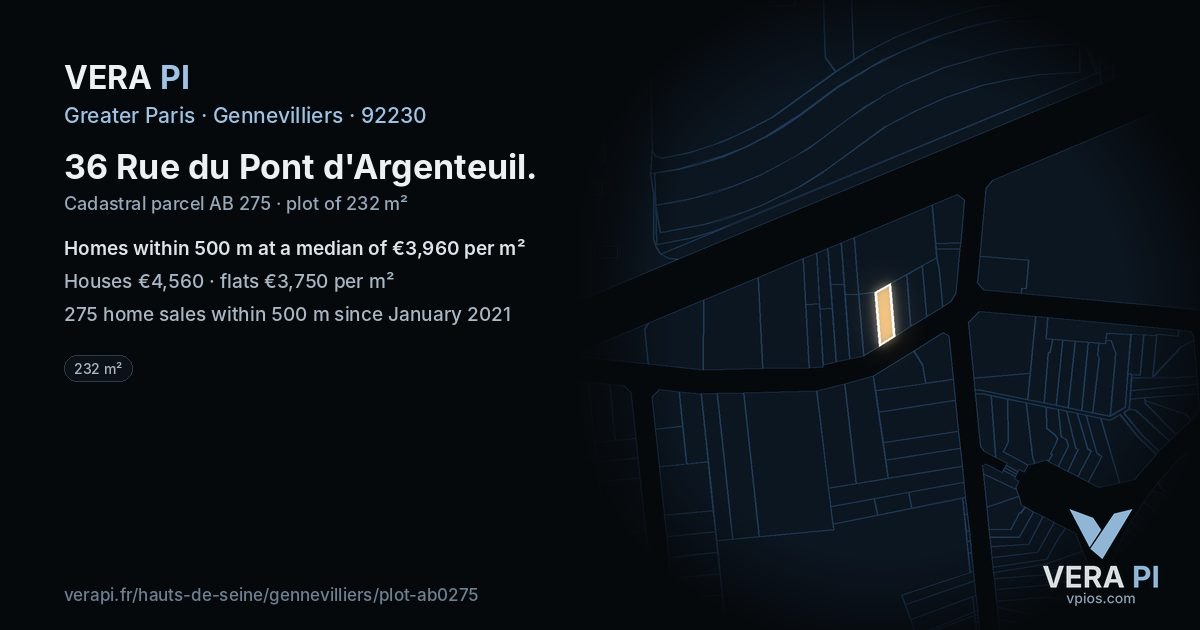 36 Rue du Pont d'Argenteuil, Gennevilliers at night – the plot lit, the parcels around coloured by the prices near them
