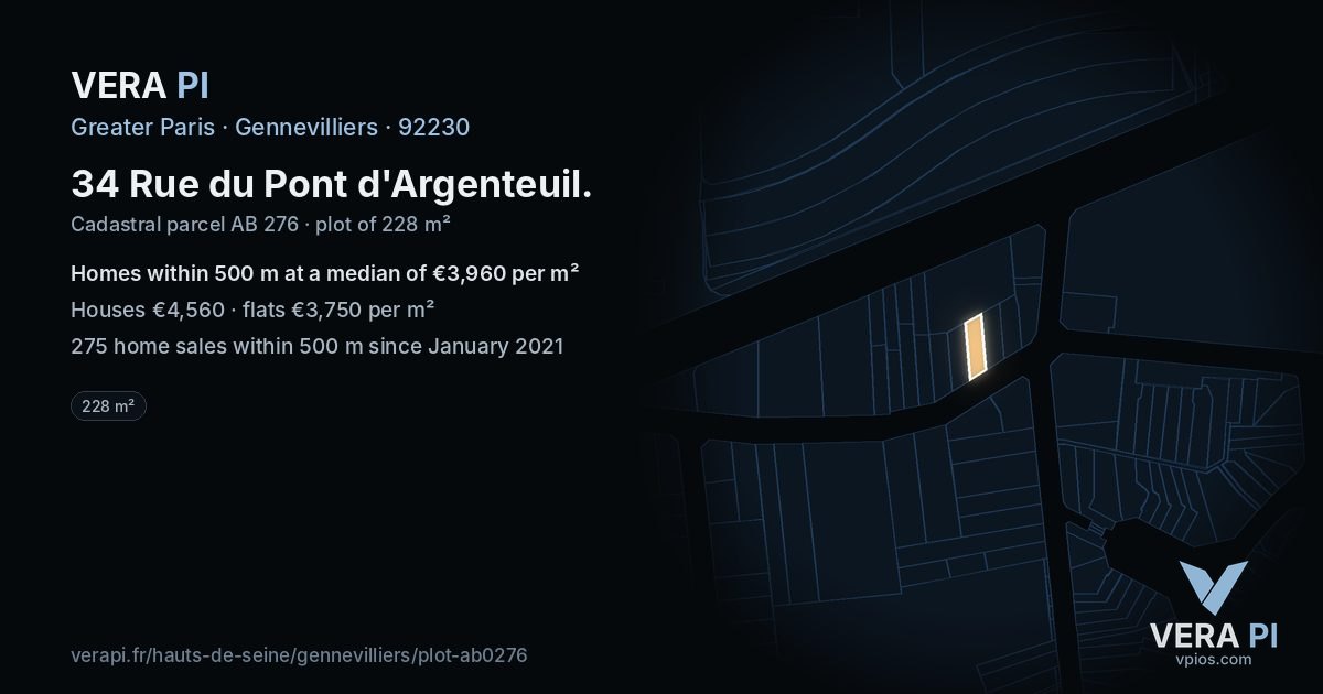 34 Rue du Pont d'Argenteuil, Gennevilliers at night – the plot lit, the parcels around coloured by the prices near them