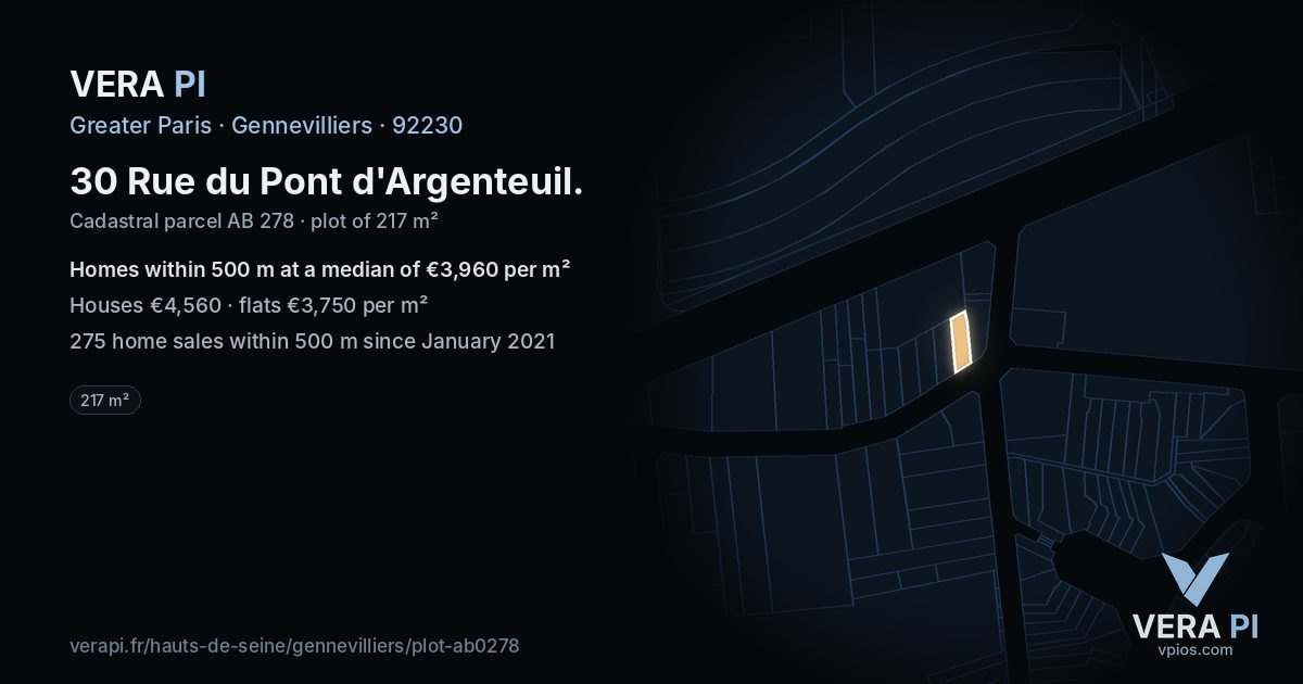 30 Rue du Pont d'Argenteuil, Gennevilliers at night – the plot lit, the parcels around coloured by the prices near them