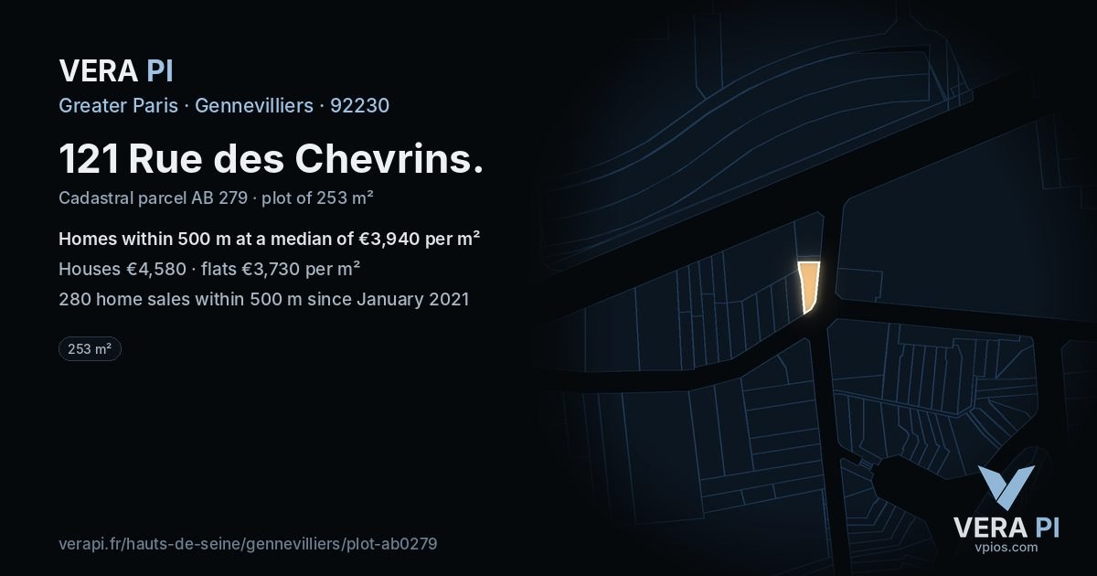 121 Rue des Chevrins, Gennevilliers at night – the plot lit, the parcels around coloured by the prices near them