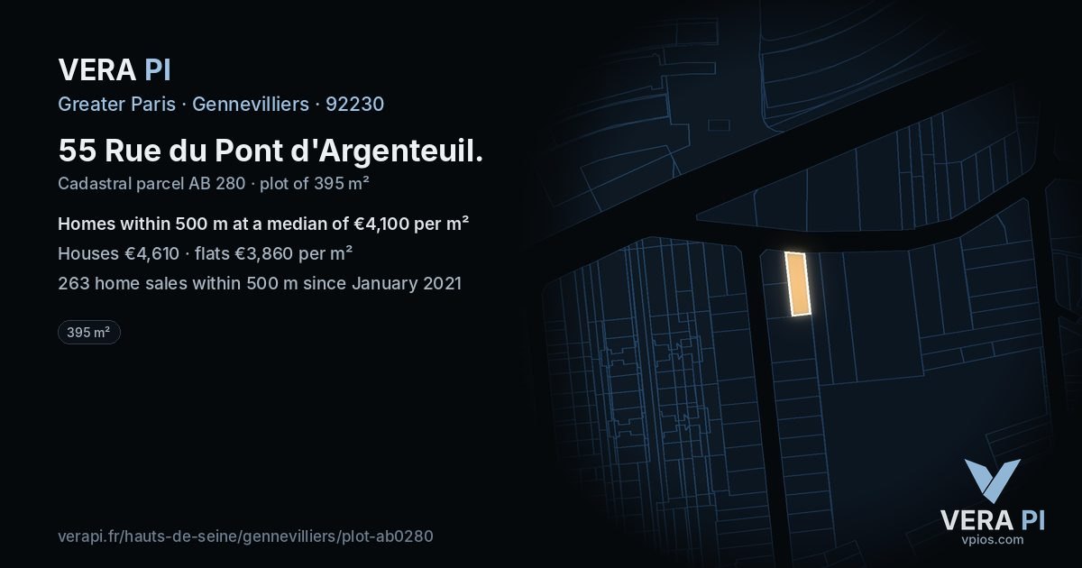 55 Rue du Pont d'Argenteuil, Gennevilliers at night – the plot lit, the parcels around coloured by the prices near them