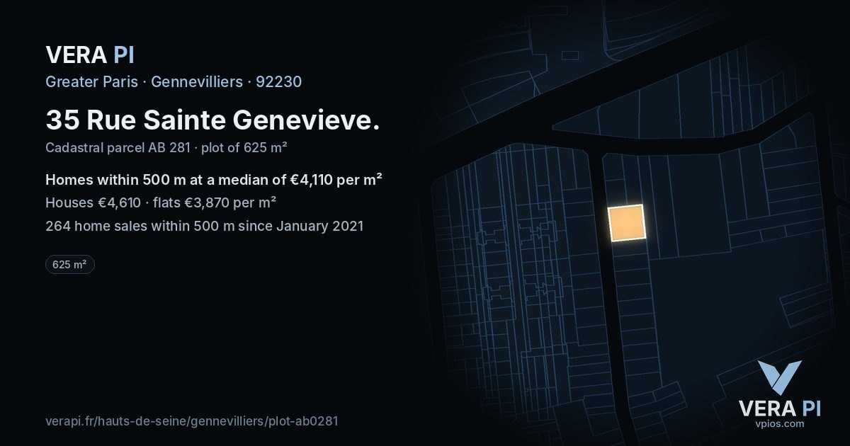 35 Rue Sainte Genevieve, Gennevilliers at night – the plot lit, the parcels around coloured by the prices near them