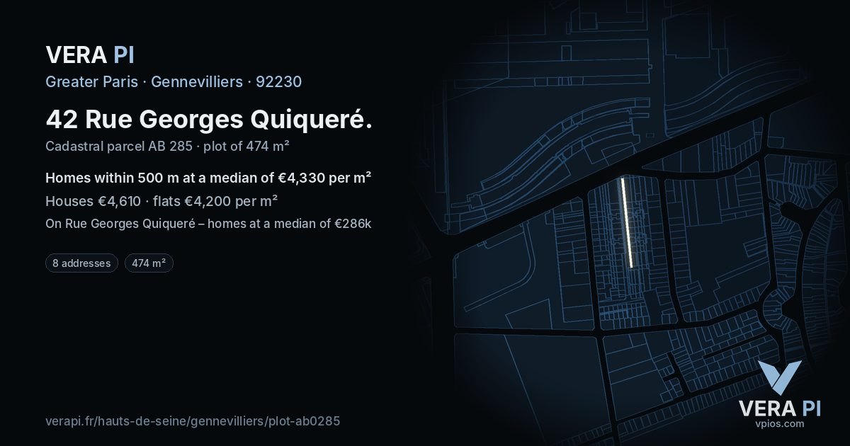 42 Rue Georges Quiqueré, Gennevilliers at night – the plot lit, the parcels around coloured by the prices near them