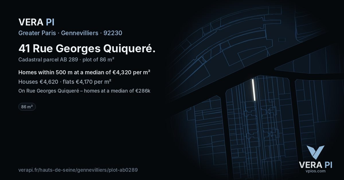 41 Rue Georges Quiqueré, Gennevilliers at night – the plot lit, the parcels around coloured by the prices near them