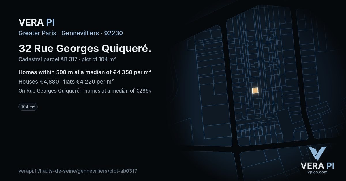 32 Rue Georges Quiqueré, Gennevilliers at night – the plot lit, the parcels around coloured by the prices near them