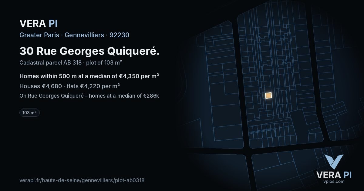 30 Rue Georges Quiqueré, Gennevilliers at night – the plot lit, the parcels around coloured by the prices near them