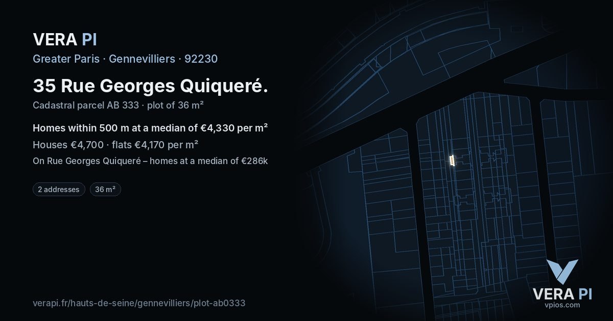 35 Rue Georges Quiqueré, Gennevilliers at night – the plot lit, the parcels around coloured by the prices near them